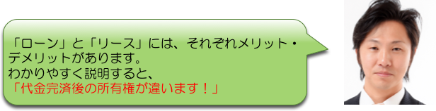 「ローン」と「リース」には、それぞれメリット・
デメリットがあります。
わかりやすく説明すると、
「代金完済後の所有権が違います！」
