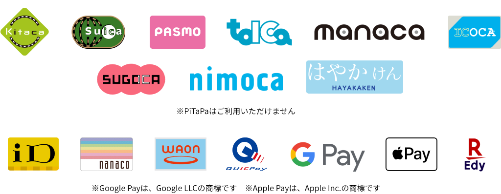 Kitaca、Suica、PASMO、TOICA、manaca、ICOCA、SUGOCA、nimoca、はやかけん、iD、nanaco、WAON、QUICPay、Google Pay、Apple Pay、楽天Edy